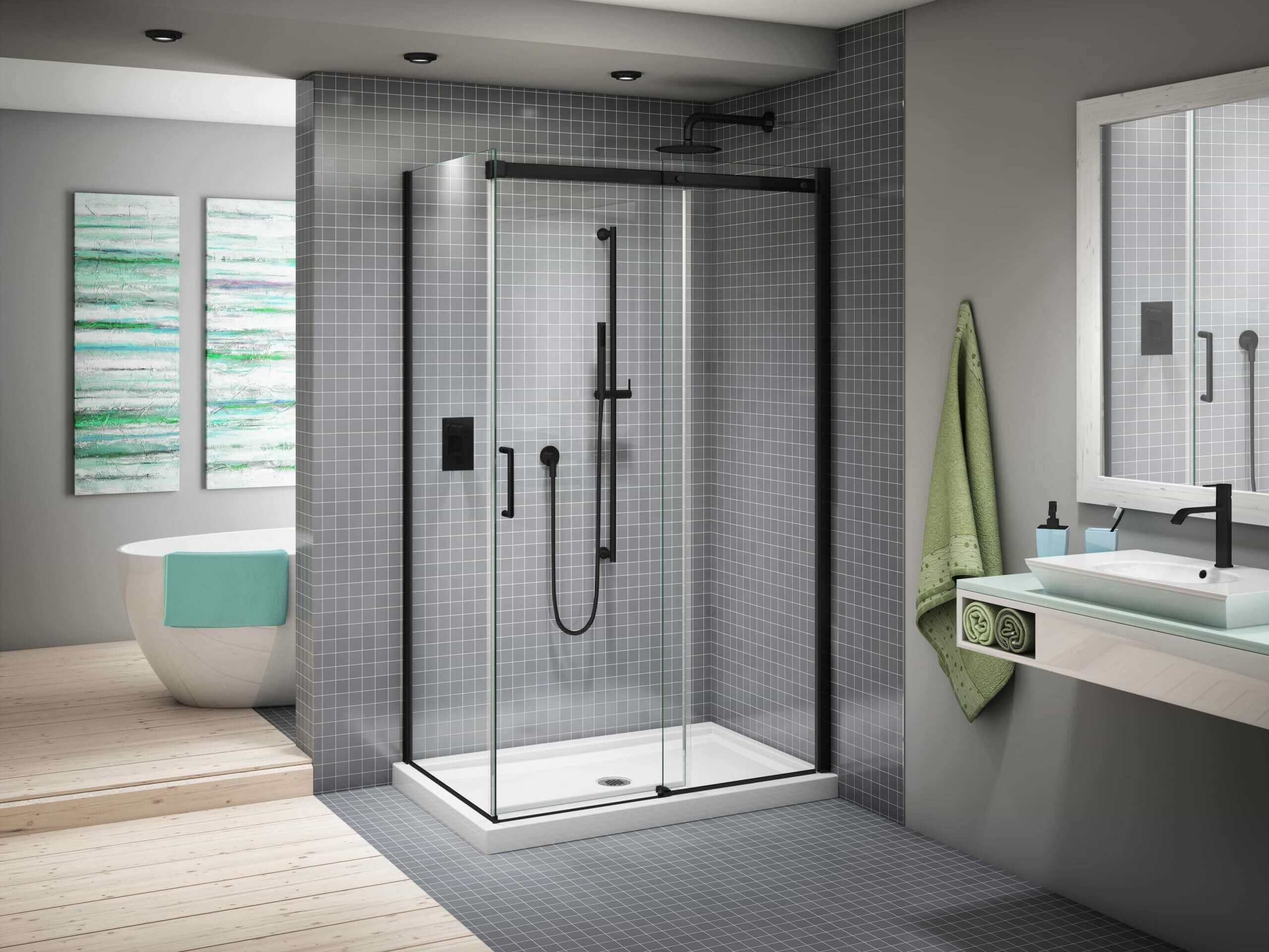 Douche (Base et Vitres inclus) noire 36" X 60" en coin Mur gauche vit