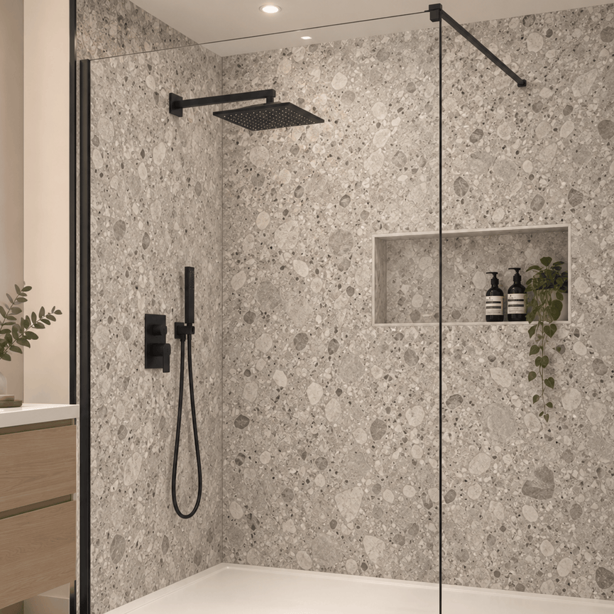 Matte gray terrazzo-effect PVC shower wall 48 in x 96 in