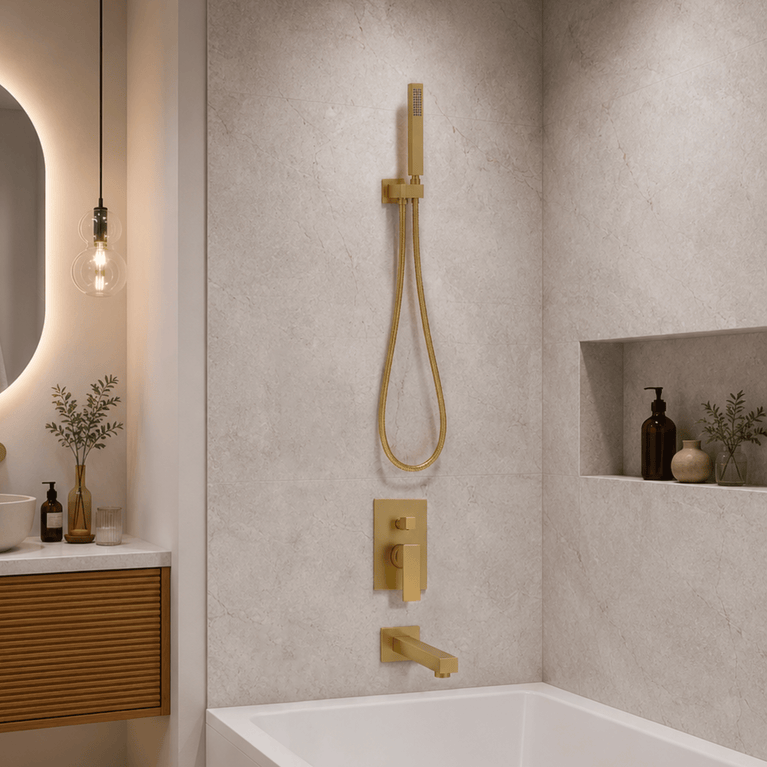 Robinetterie SERENITA murale pour bain douche carré or brossé