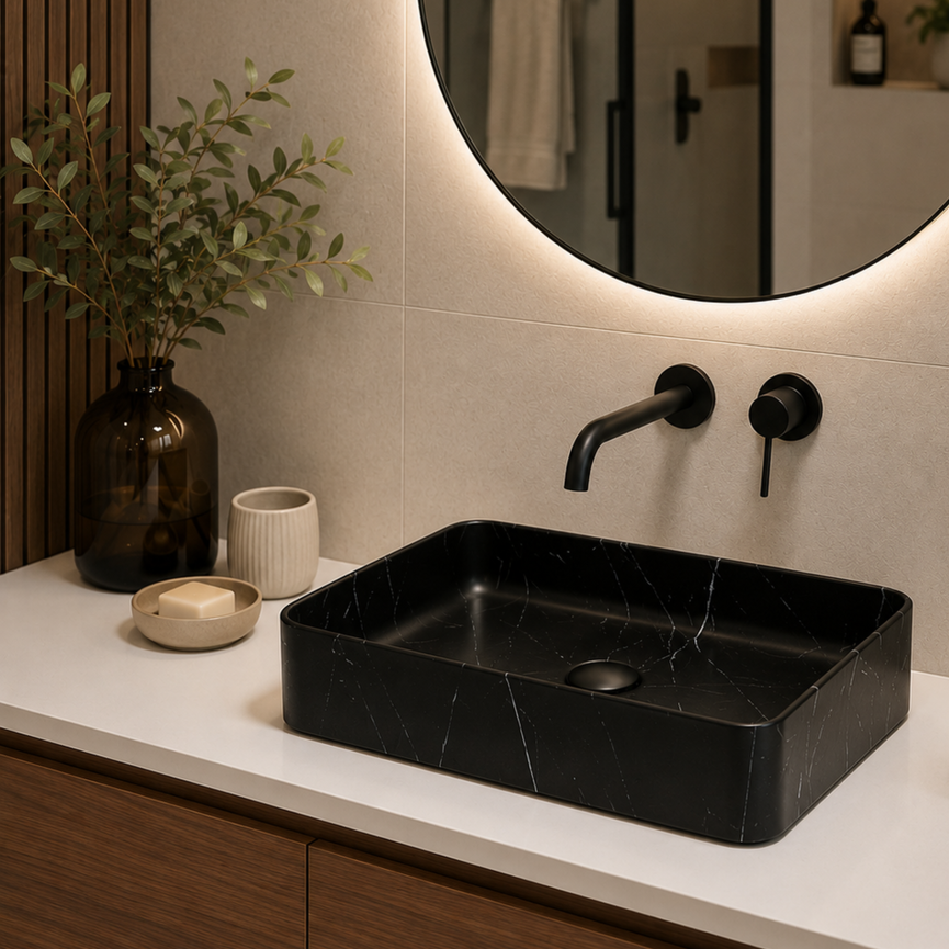 Lavabo rectangulaire effet marbre noir 678, porcelaine 23.8" X 13.8" X 4.5"
