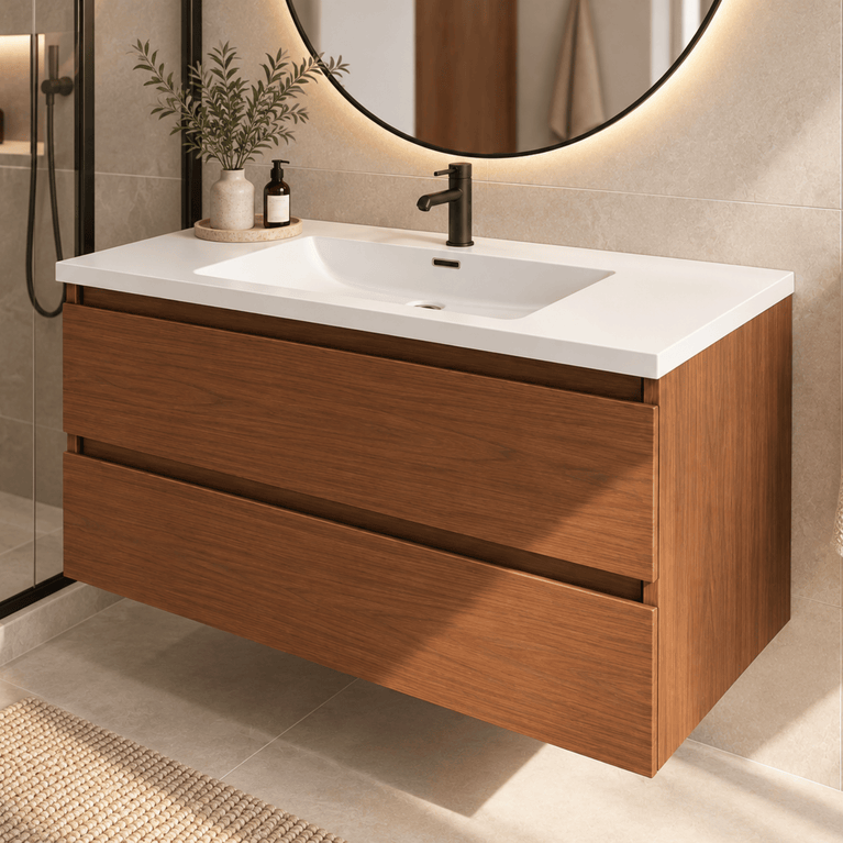 Vanity with ceramic countertop - walnut wood effect
