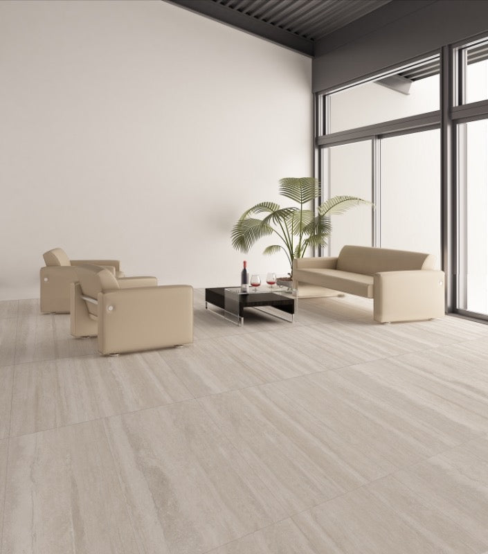 Ambiance salle d'attente avec céramique Travertin effet beige _ Entrepot de la Réno