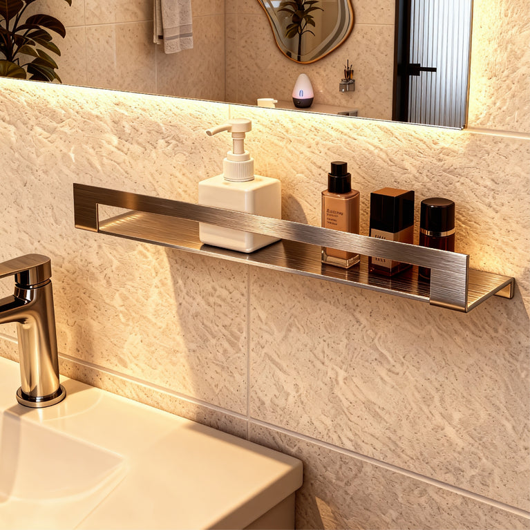 Reversa Brushed Steel Wall Shelf – Towel Holder & Reversible Shelf