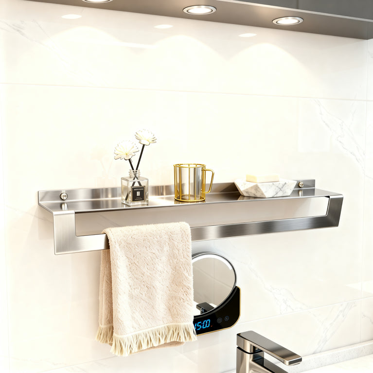 Reversa Brushed Steel Wall Shelf – Towel Holder & Reversible Shelf