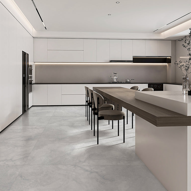 Modern kitchen with Céramique Lara tiles, rectified and frost-resistant, ideal for residential and commercial floors and walls - Entrepôt de la Réno.