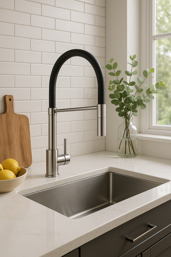 Robinetterie noire et inox dans une cuisine moderne avec évier et décor végétal | Entrepôt de la Réno