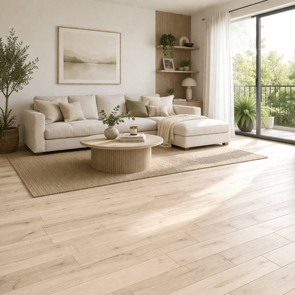 Salon moderne avec plancher vinyle SPC, canapé confortable et grandes fenêtres | Entrepôt de la Réno