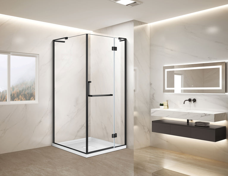 Douche en coin moderne avec porte en verre et cadre noir, installée dans une salle de bain lumineuse et contemporaine. Base blanche incluse. Design élégant et fonctionnel pour une expérience de douche confortable. Salles de bain,Bientôt disponibles