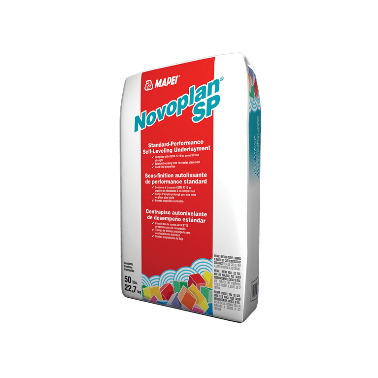 Mapei Novoplan SP self-leveling underlayment bag, standard performance, red and white packaging with product details and colorful geometric shapes at bottom