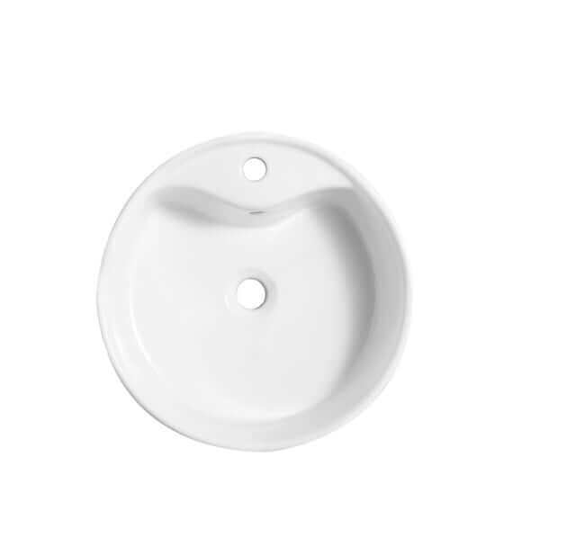 Lavabo rond en porcelaine blanche, style vasque moderne pour salle de bain. Surface lisse et brillante avec trou de trop-plein. Design épuré et élégant, idéal pour une ambiance contemporaine. Salles de bain,Nouveautés,Tous produits