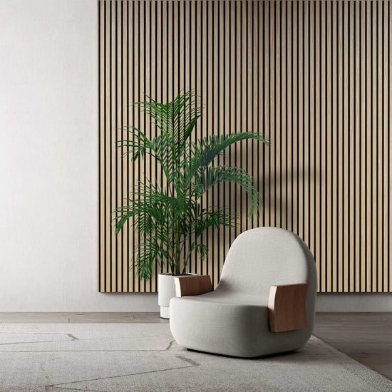 Natural wood slat acoustic panel in modern room with chair and plant - Entrepôt de la Réno.