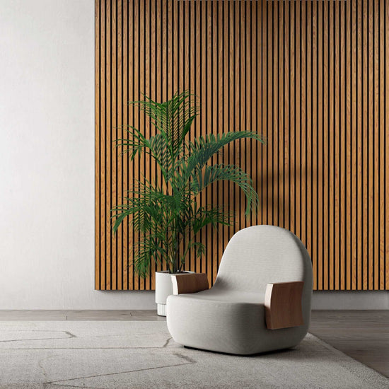 Teck wood acoustic slat wall panel with modern chair and plant - Entrepôt de la Réno