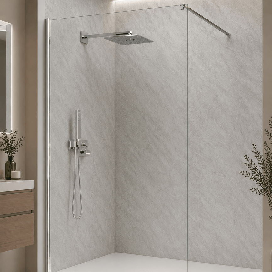 Glossy Pearl Gray Marble-Effect PVC Shower Wall 48 in x 96 inches