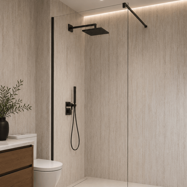Mat travertine-effect PVC shower wall, 48 in x 96 in