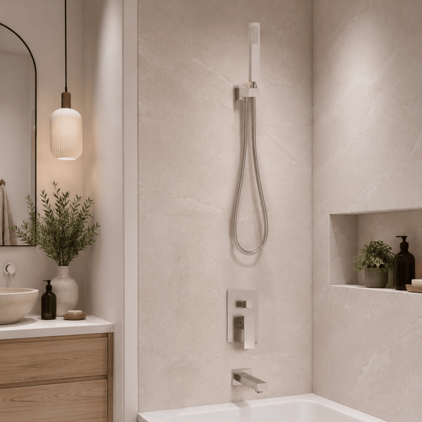 Robinetterie SERENITA murale pour bain douche carré acier brossé