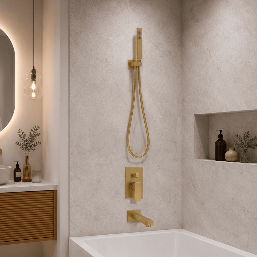 Robinetterie SERENITA murale pour bain douche carré or brossé