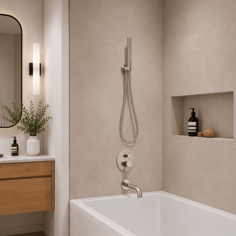 Robinetterie SERENITA murale pour bain douche rond acier brossé