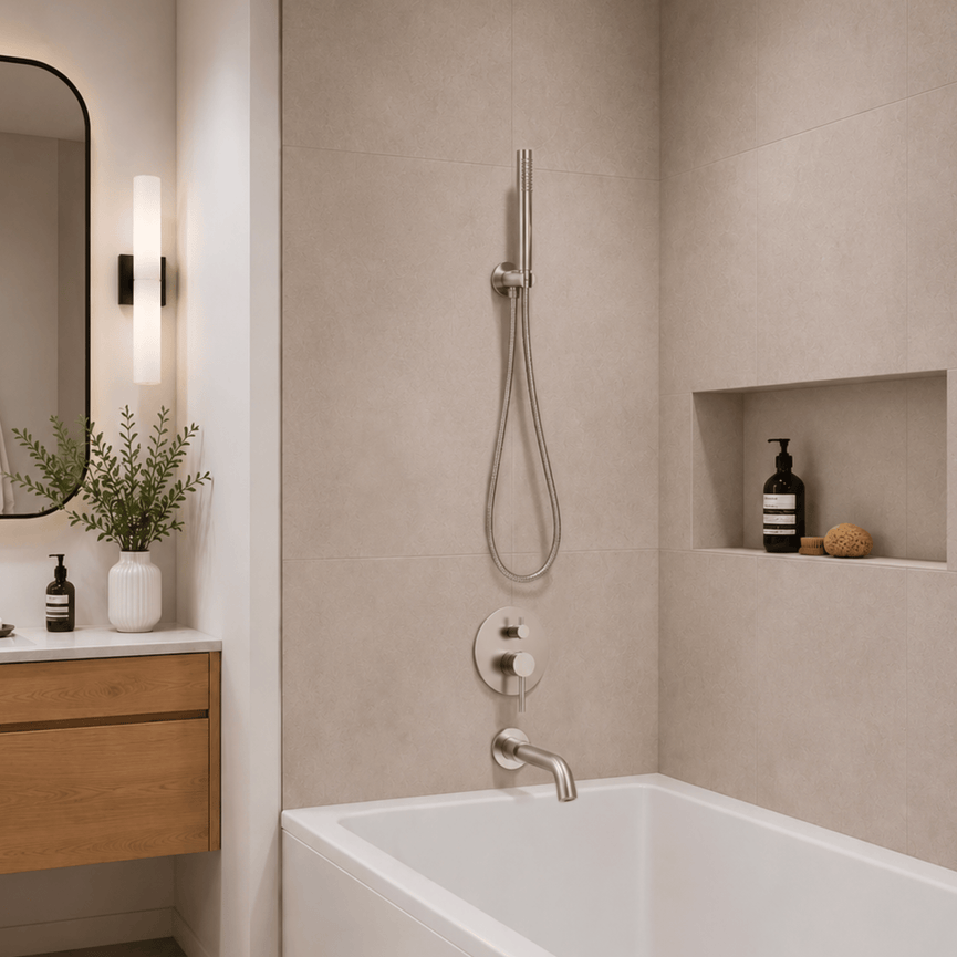 Robinetterie SERENITA murale pour bain douche rond acier brossé