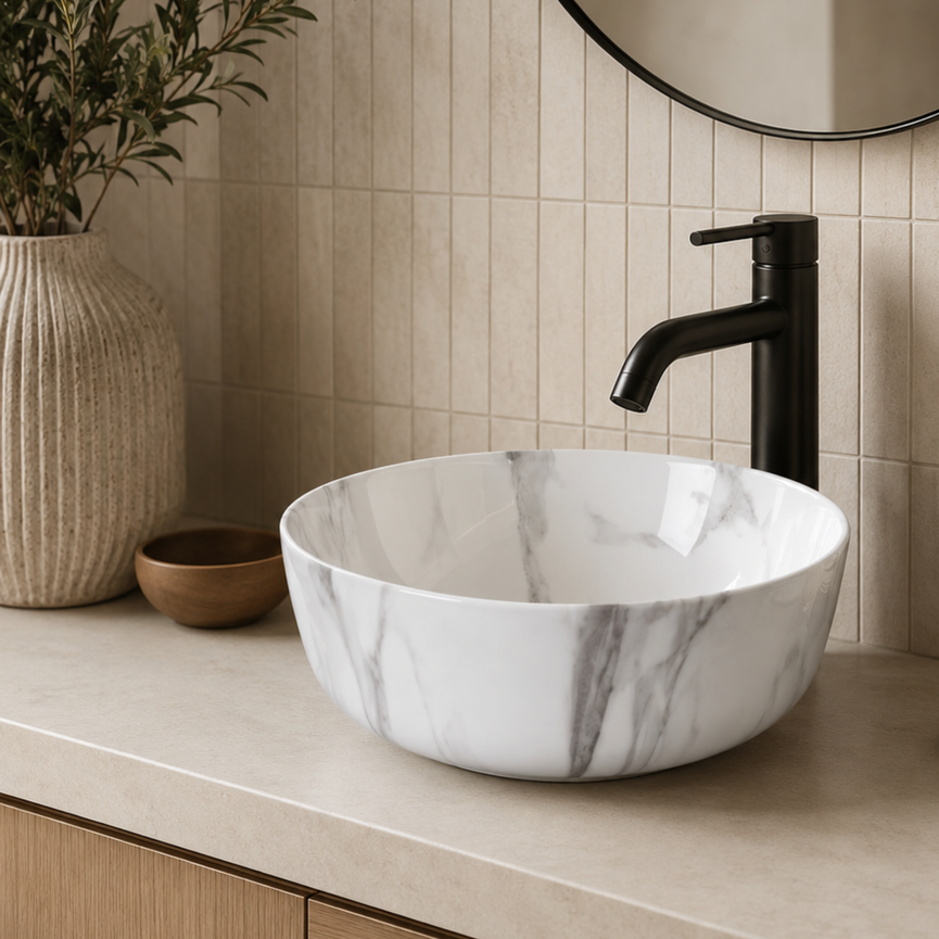Lavabo rond effet marbre blanc 673, porcelaine 16,1" X 5,3"