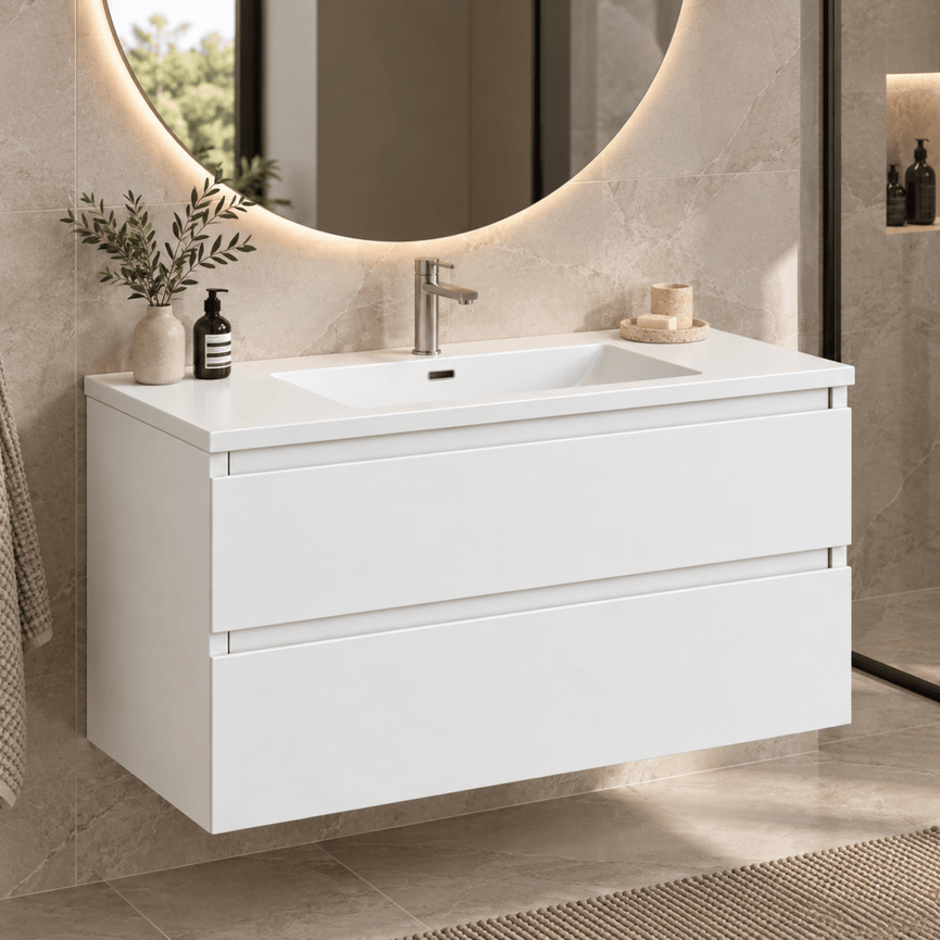 Vanity unit with ceramic countertop - matte white