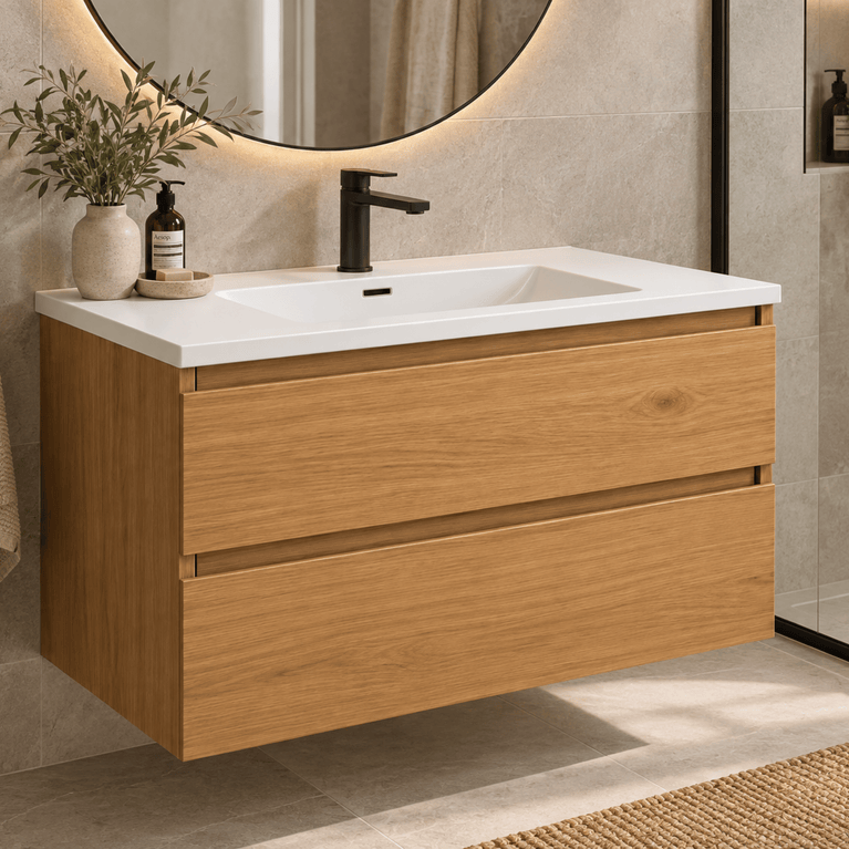 Bathroom vanity with ceramic countertop - amber wood effect