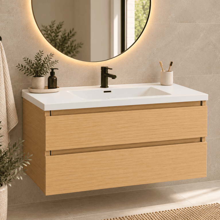 Vanity with ceramic countertop - natural wood effect
