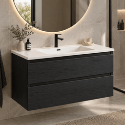 Vanity with ceramic countertop - black wood effect