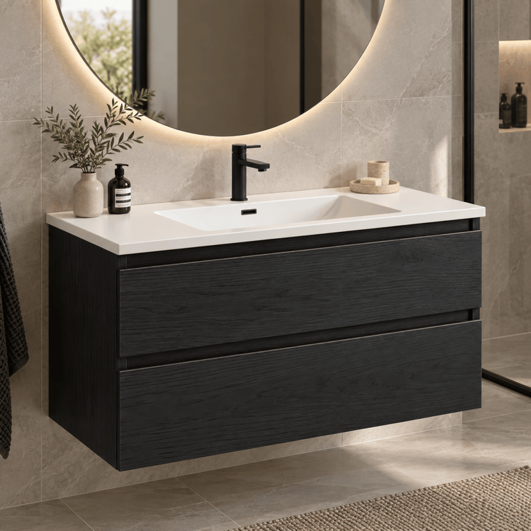 Vanity with ceramic countertop - black wood effect