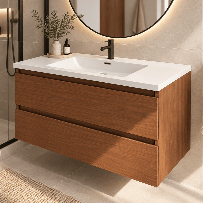 Vanity with ceramic countertop - walnut wood effect