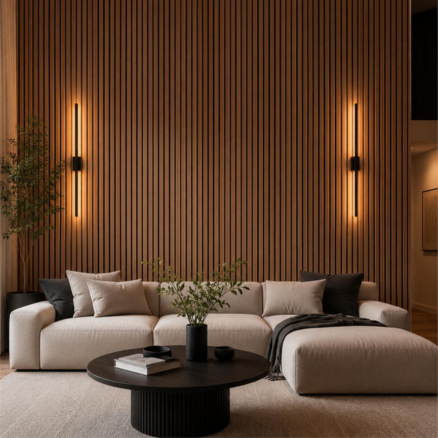 Acoustic Panels in Teak-Colored Wood Slats 24" x 109"