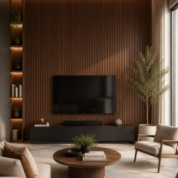 Acoustic Panels in Walnut-Colored Wood Slats 24" x 109"