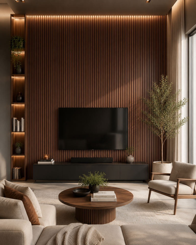 Panneaux acoustiques en latte de bois couleur noyer 24" x 109"