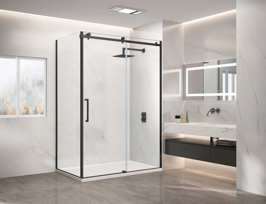 Shower (Base and Glass included) black 32" X 60" in corner -Right wall left window-