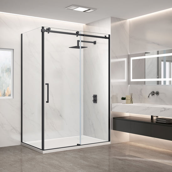 Cabine de douche moderne en coin avec base et vitres incluses, cadre noir et verre transparent, dans une salle de bain élégante et lumineuse. Design épuré et fonctionnel pour un espace douche contemporain. Salles de bain,Nouveautés,Tous produits