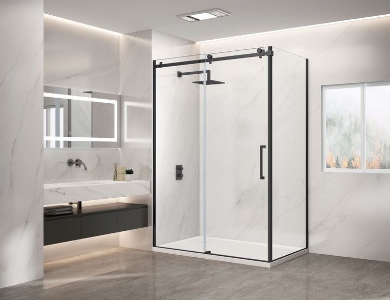 Shower (Base and Glass included) black 36" X 48" in corner -Left wall right window-