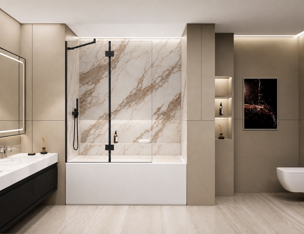 Écran de bain 60" en verre trempé 8mm avec porte pivotante penture NOIR MAT