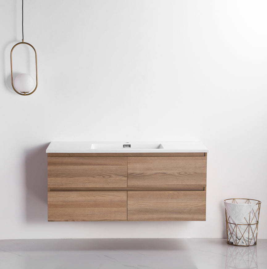 Meuble-lavabo suspendu de 48 pouces en bois naturel avec comptoir blanc, design scandinave moderne pour salle de bain, avec miroir ovale doré et panier décoratif