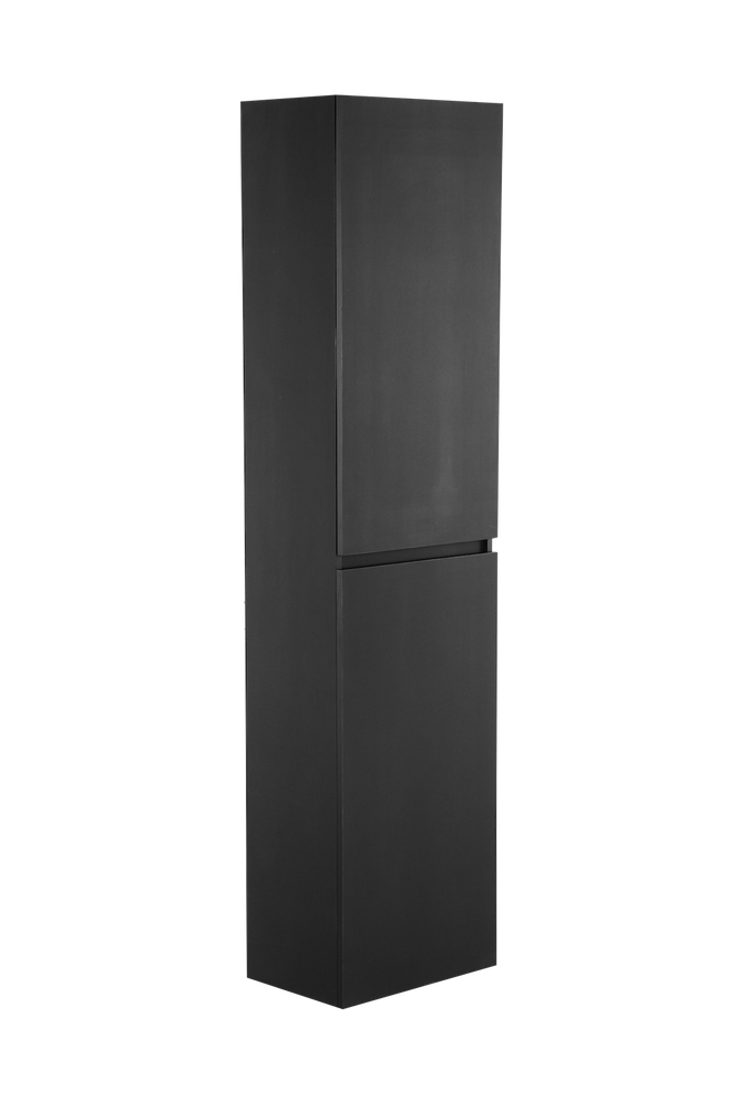 Sleek matte black bathroom storage cabinet, 18x72 inches, with two doors. Tall, narrow design perfect for maximizing space in small bathrooms. Quality wood construction with laminate door front.