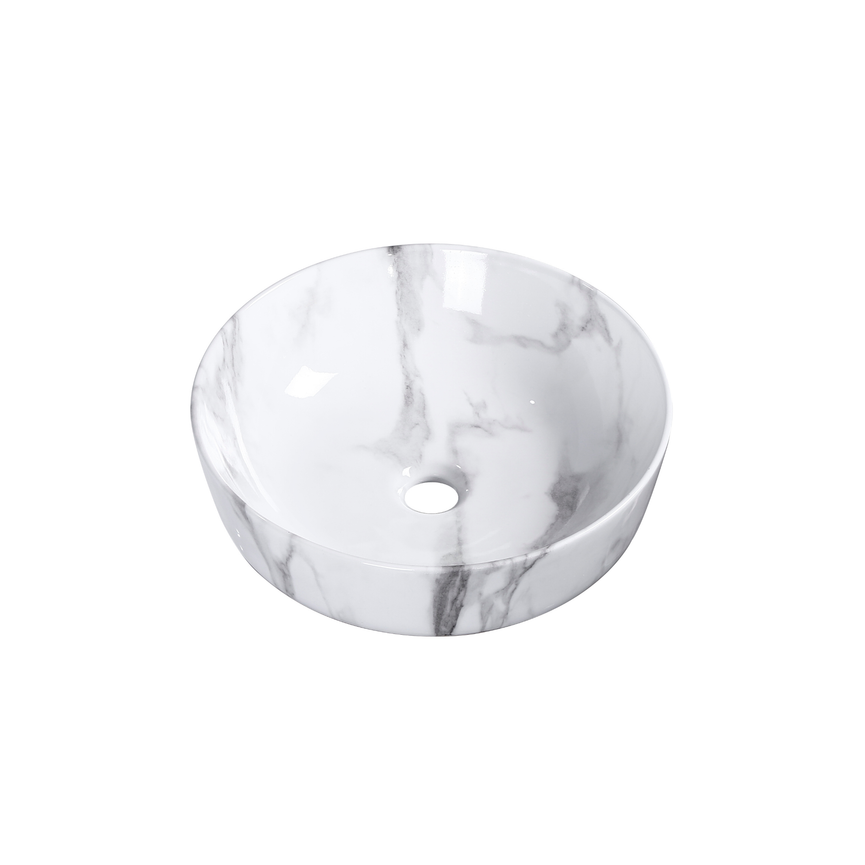 Lavabo rond effet marbre blanc 673, porcelaine 16,1" X 5,3"