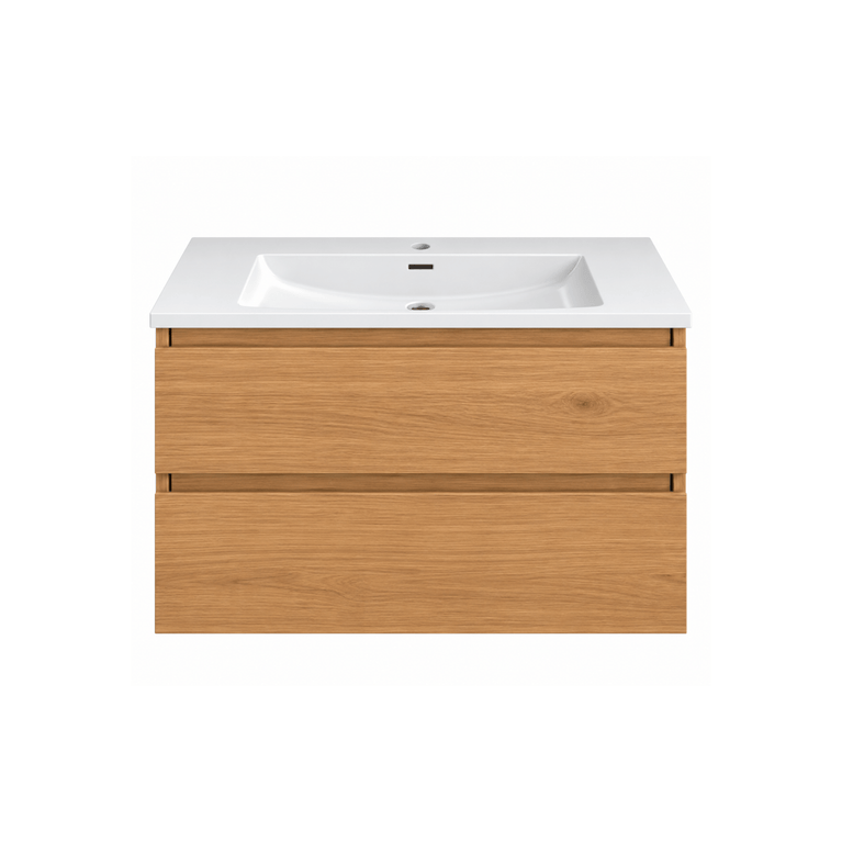 Bathroom vanity with ceramic countertop - amber wood effect