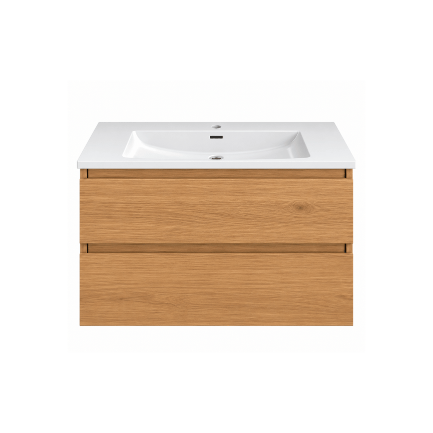 Bathroom vanity with ceramic countertop - amber wood effect