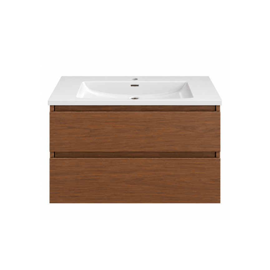 Vanity with ceramic countertop - walnut wood effect