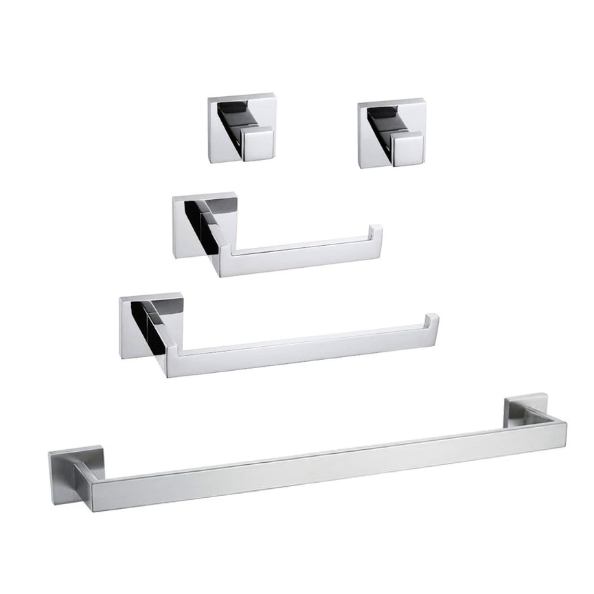 Accessoires de salle de bain chrome carré  : crochets, porte papier hygiénique, porte-serviette et barre porte-serviette 24 pouces.