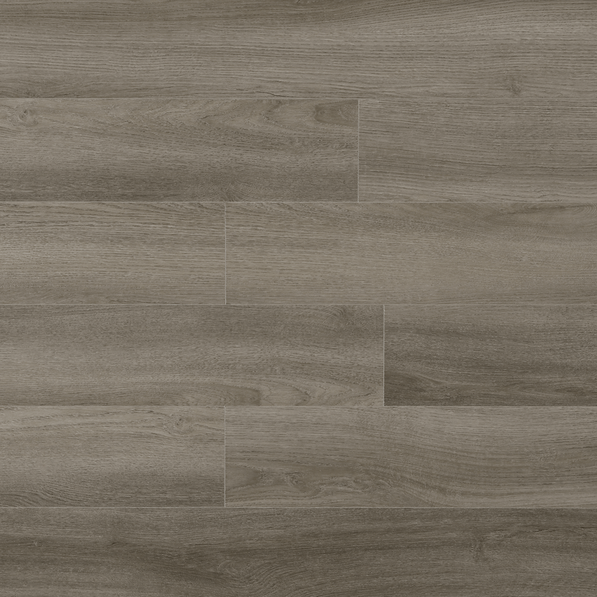 Plancher vinyle SPC gris chêne, texture bois réaliste, installation flottante, résistant à l'eau, idéal pour usage résidentiel et commercial