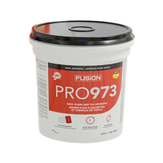 Seau de colle Fusion PRO973 pour plancher de vinyle, adhésif acrylique haute performance, 4 litres, couverture 150 pieds carrés, étiquette rouge et blanche