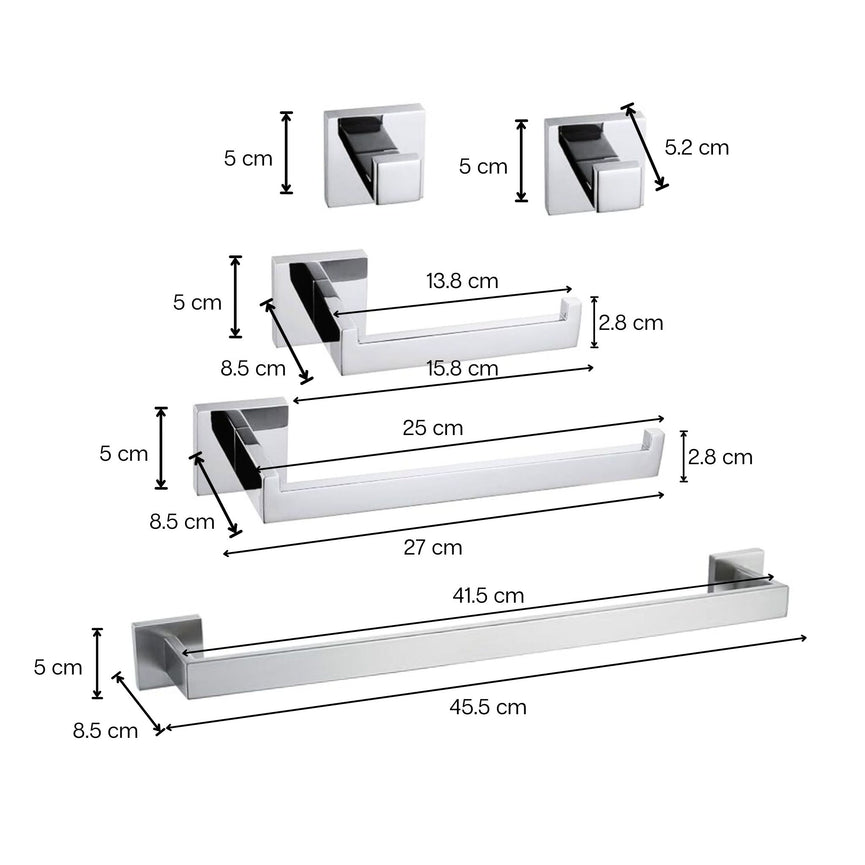 Dimensions des accessoires de salle de bain chrome carré : crochets, porte papier hygiénique, porte-serviette et barre porte-serviette.