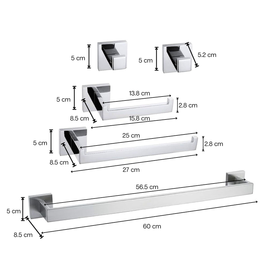 Dimensions de accessoires de salle de bain chrome carré  : crochets, porte papier hygiénique, porte-serviette et barre porte-serviette.