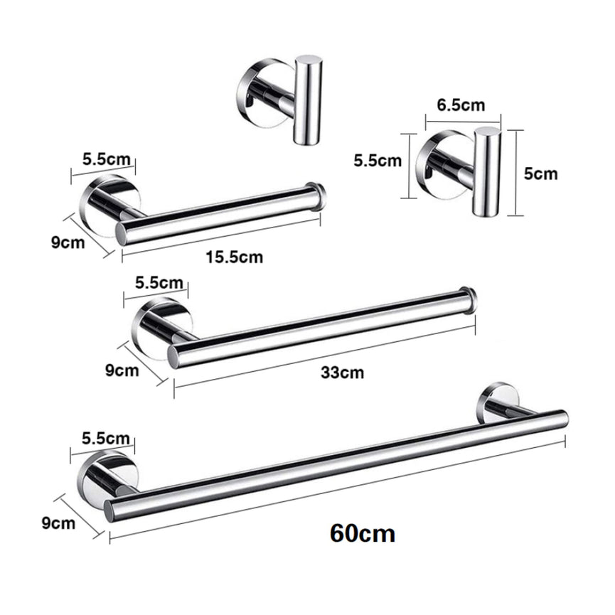 Dimensions des accessoires de salle de bain chrome rond  : crochets, porte papier hygiénique, porte-serviette et barre porte-serviette