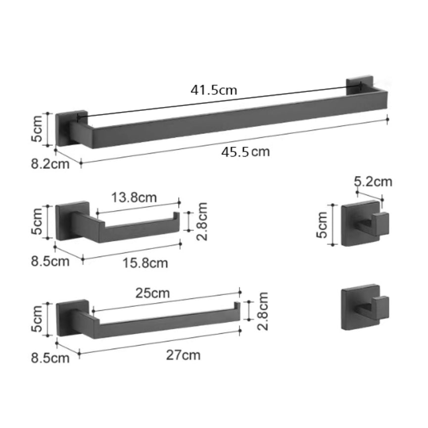 Dimensions des accessoires de salle de bain noir carré  : crochets, porte papier hygiénique, porte-serviette et barre porte-serviette