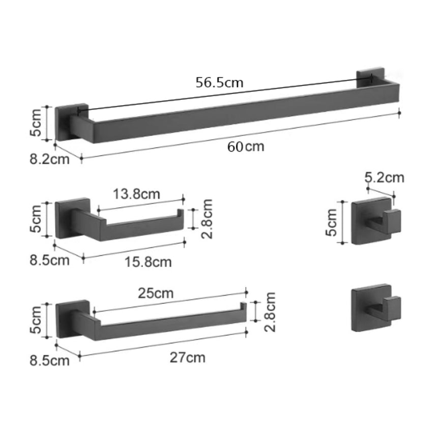 Dimensions des accessoires de salle de bain noir carré  : crochets, porte papier hygiénique, porte-serviette et barre porte-serviette